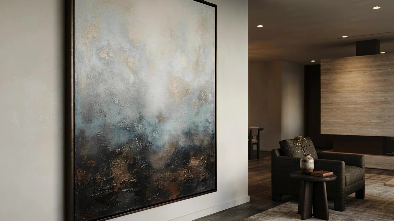 Panoramica della telecamera che si sposta a destra e si allontana, mostrando l'interno di una casa con un grande quadro e una poltrona, con spazio per il testo.