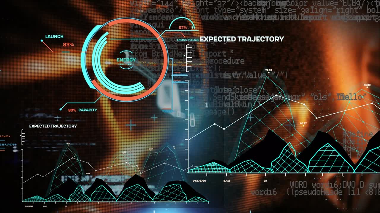 Animation of processing circle, graphs, dna and data processing on black background