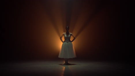 silhouette of ballerina posing on stage. ballet dancer keeping hands on waist.