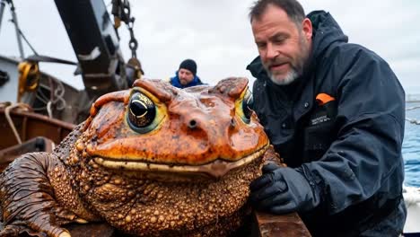 a man holding a large toad on a boat in the water