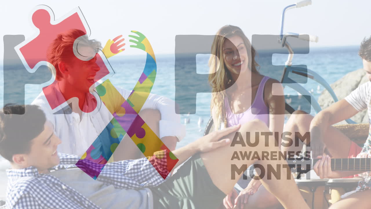 여름 해변 파티에서 행복한 친구들 위에 다채로운 퍼즐 조각과 자폐증 텍스트의 애니메이션