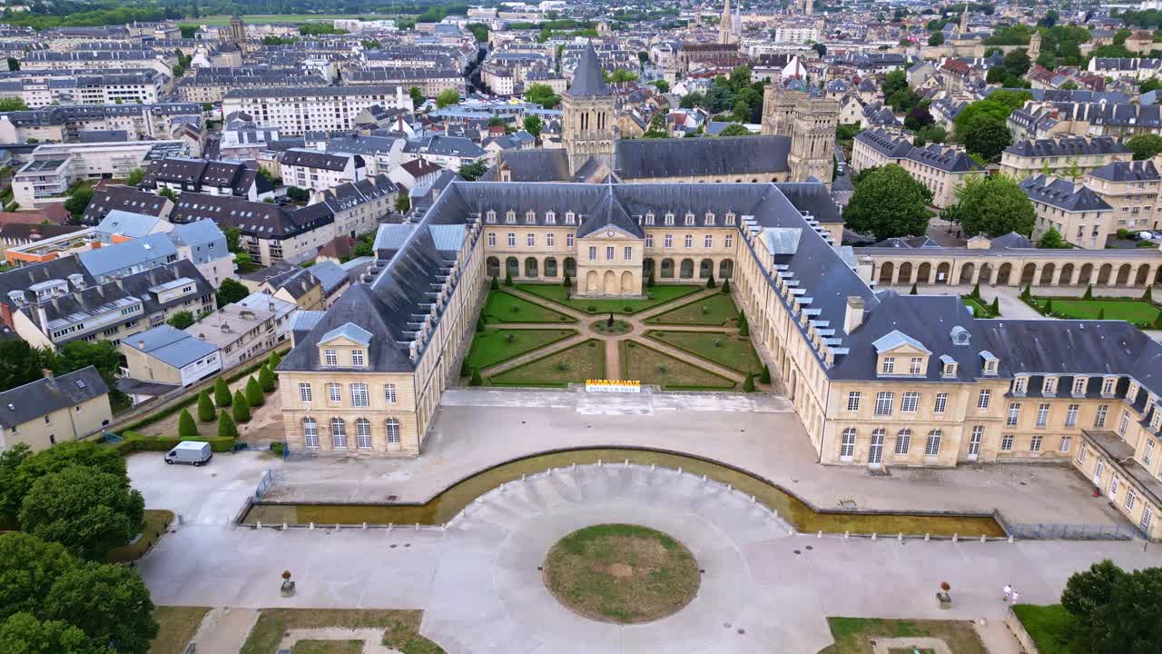 Ladies Abbey of Sainte-Trinité with Michel D'Ornano park, Caen in Normandy, France. Aerial drone view and cityscape