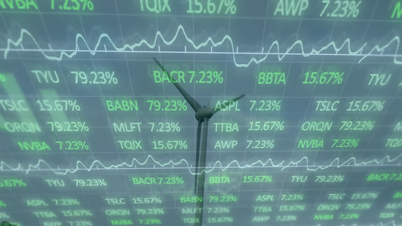 Single wind turbine rotating against grid, displaying green finance data overlay and white charts