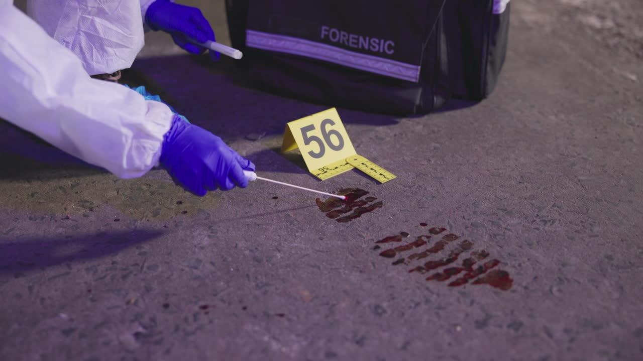 Crime scene investigation with footprint and evidence marker