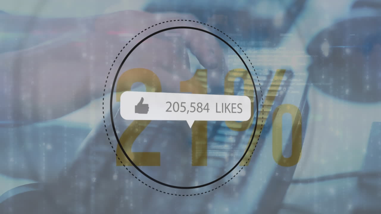 Animation of likes growing number and data processing over hands typing on keyboard