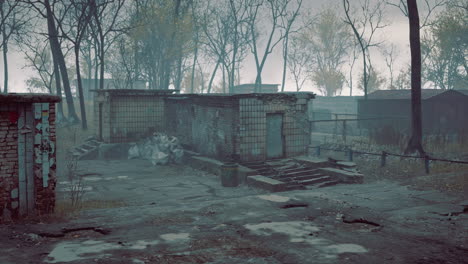 abandoned industrial area with deteriorating structures and bare trees