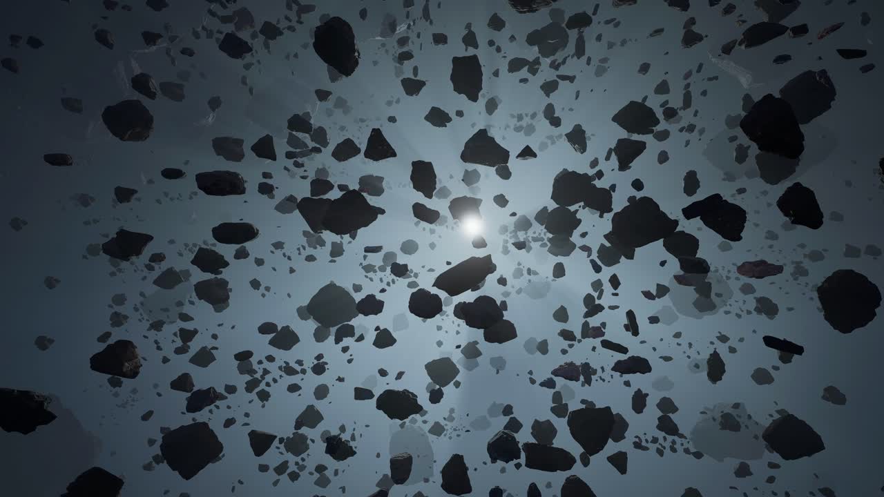animación 3d de un campo de asteroides en el espacio profundo, disparo lineal cinematográfico panorámico lento