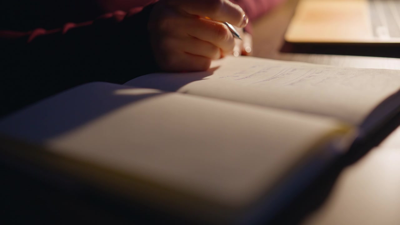 Closeup hands writing notes notebook evening. Woman planning ideas journal home.