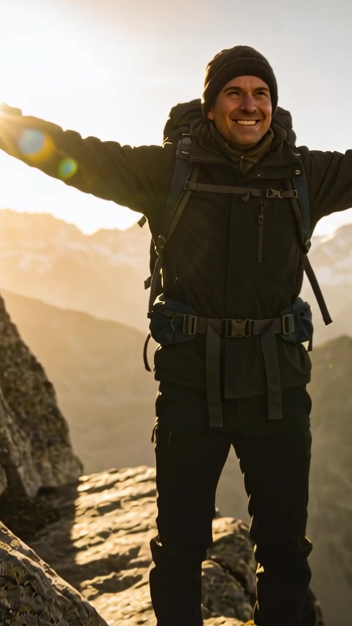 Video verticale: Uomo che si prepara dopo aver messo piede su una sporgenza, avanzando lentamente lungo la cresta per raggiungere la vista, con zaino e cappello.