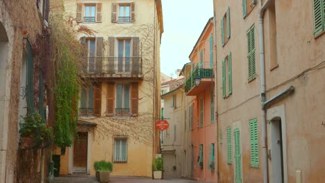 dried ivy on facade of buildings in old town of cannes in france. - wide shot