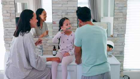 happy, family and brushing teeth in bathroom