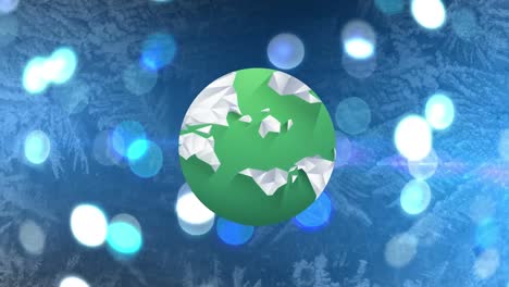 Animation-of-multicolored-shapes,-globe-with-illuminated-bokeh-effect-over-snow-covered-trees