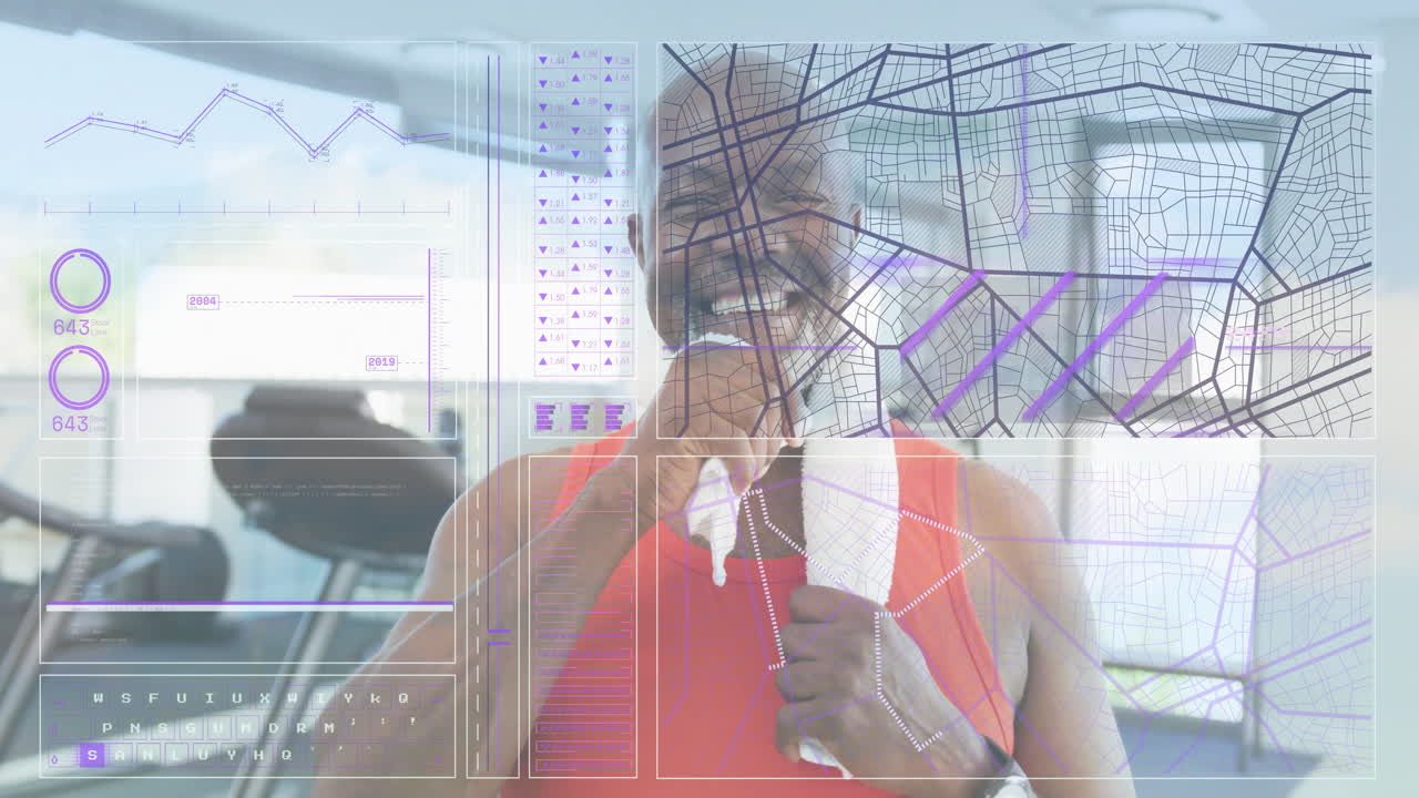 Man in gym with futuristic data and map animation overlay