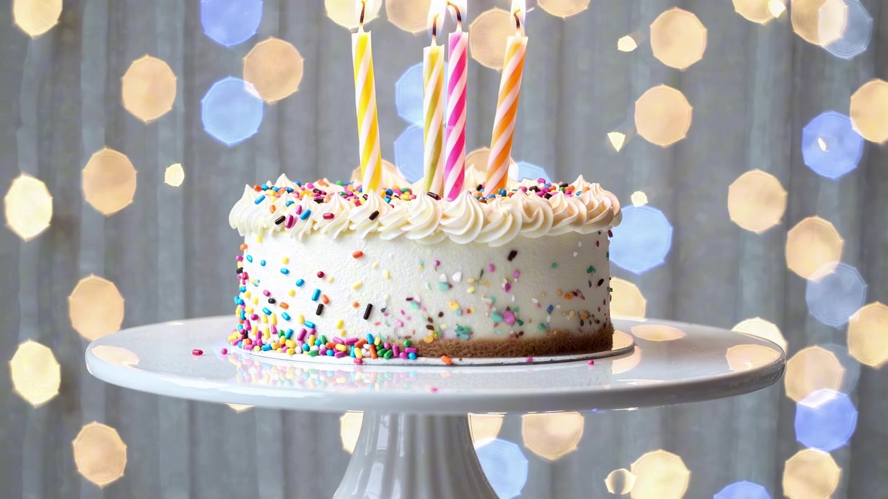 Torta di compleanno con candele accese e spruzzate colorate