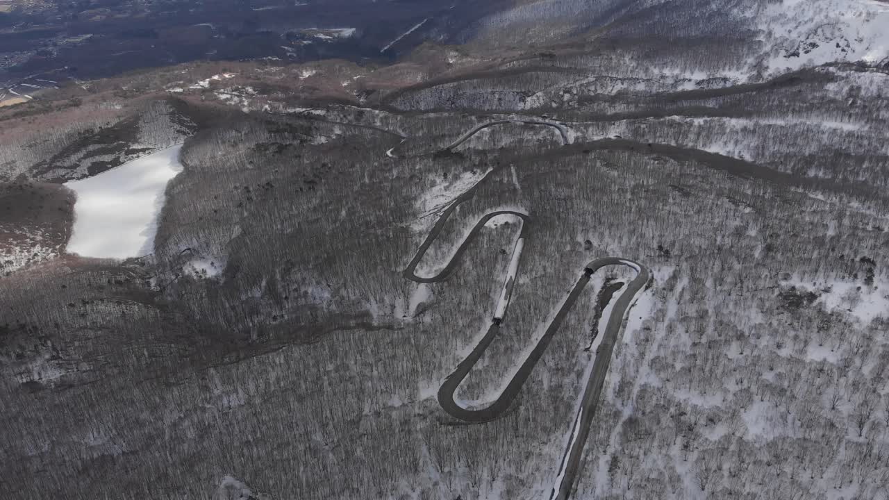 Road to Mount Zaō Aerial View, snowed Volcano Winter Landscape in Japan