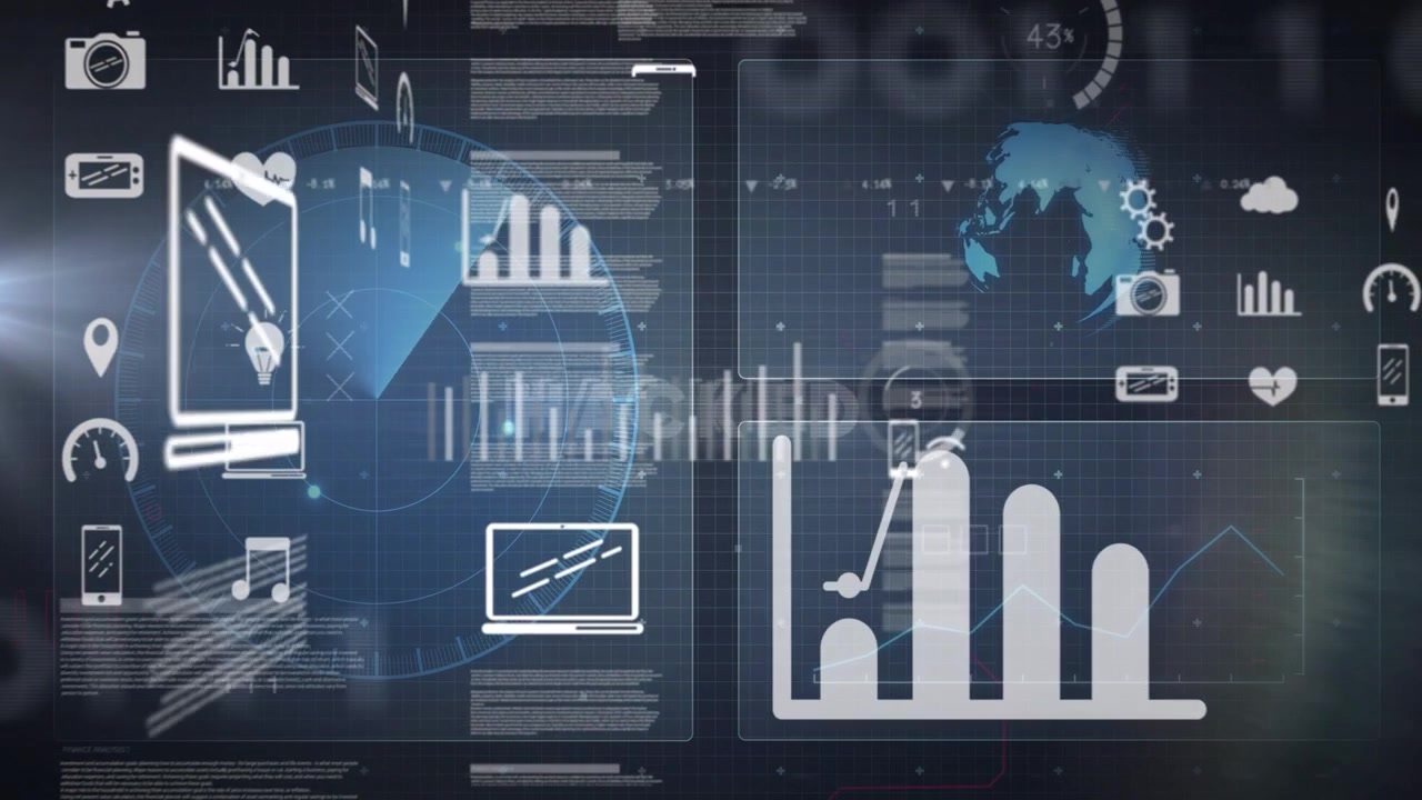 Digital Interface with Global Network, Data Charts, and Technology Icons