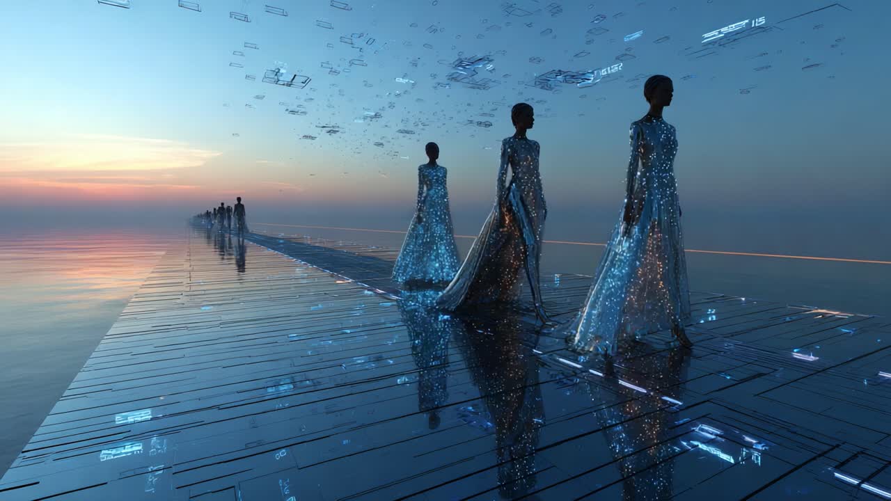 Futuristic Women on Digital Pathway at Sunset