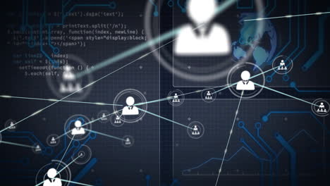 network of connections and data processing animation over world map background