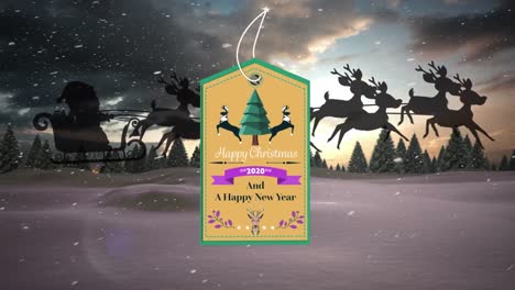 animation of gift tag with season's greetings over santa claus in sleigh over winter landscape