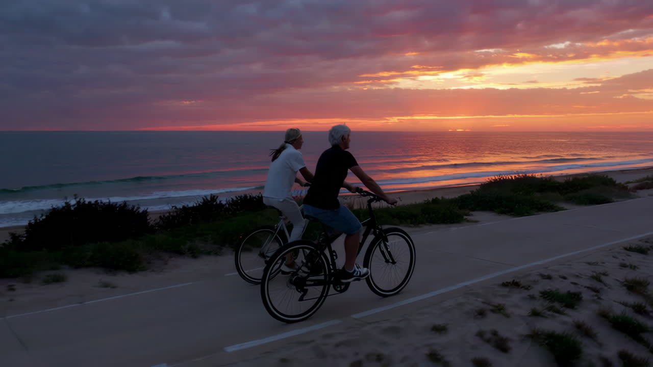 Couple cycling along a coastal path at sunset