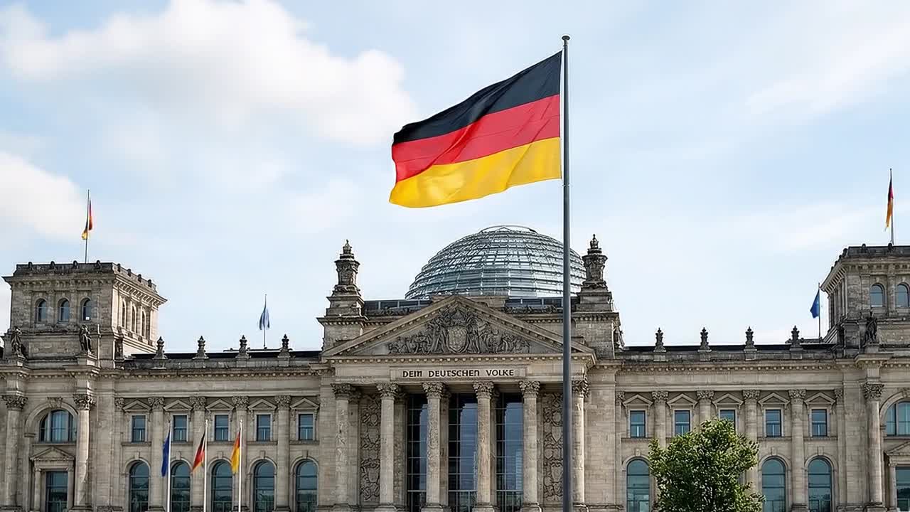 Bandera alemana posicionada frente a la cúpula del edificio del parlamento con detalles arquitectónicos claros y un entorno urbano