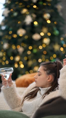 woman relaxing by christmas tree with a drink