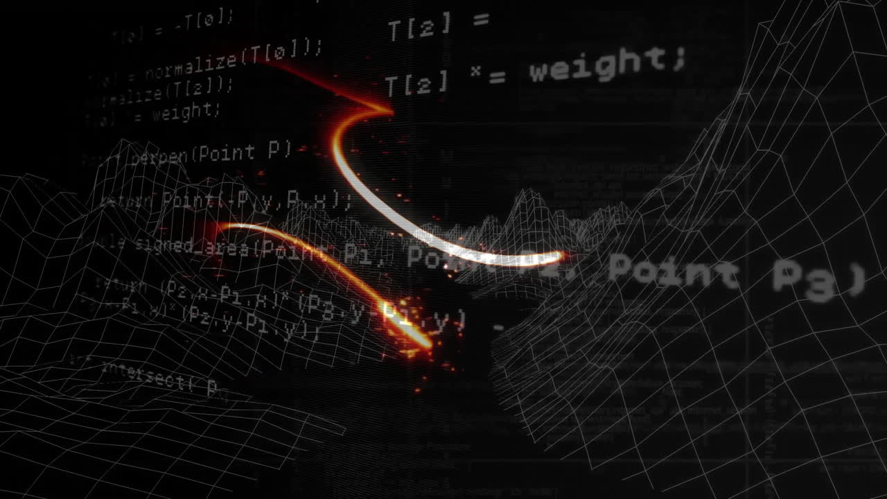 Glowing lines and mathematical equations on digital grid animation background