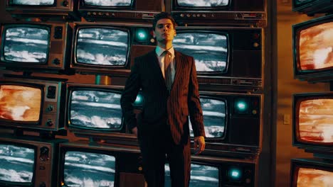 man in a suit in front of a wall of vintage televisions