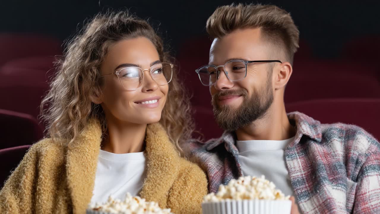 A Couple Enjoys a Cozy Movie Night Together, Sharing Popcorn and Smiles in a Theater Setting While Embracing Each Other's Company