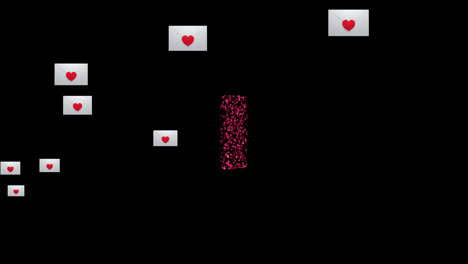 Corazón-Sobre-Múltiples-Iconos-De-Mensajes-Contra-Un-Modelo-De-Computadora-3D-Girando-Sobre-Fondo-Negro