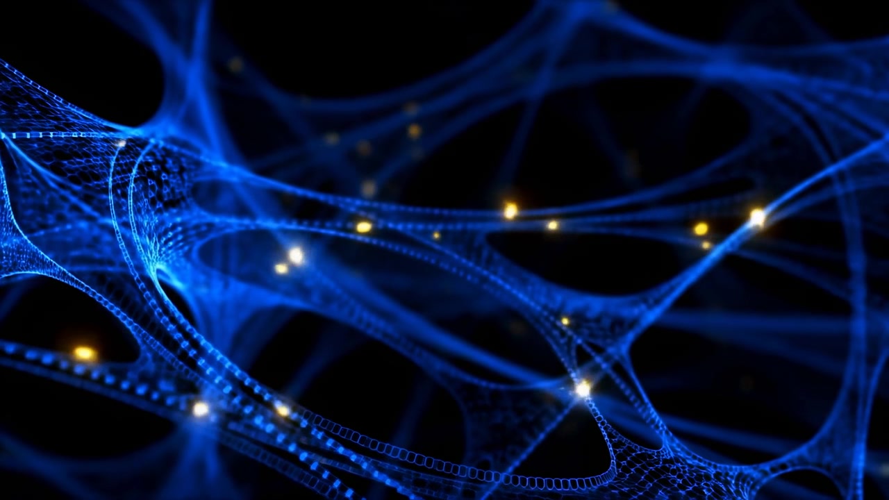 Klare blå lysstråler fejer diagonalt hen over en sort baggrund og skaber en futuristisk digital atmosfære med flydende bevægelse, forbindelse og energi.