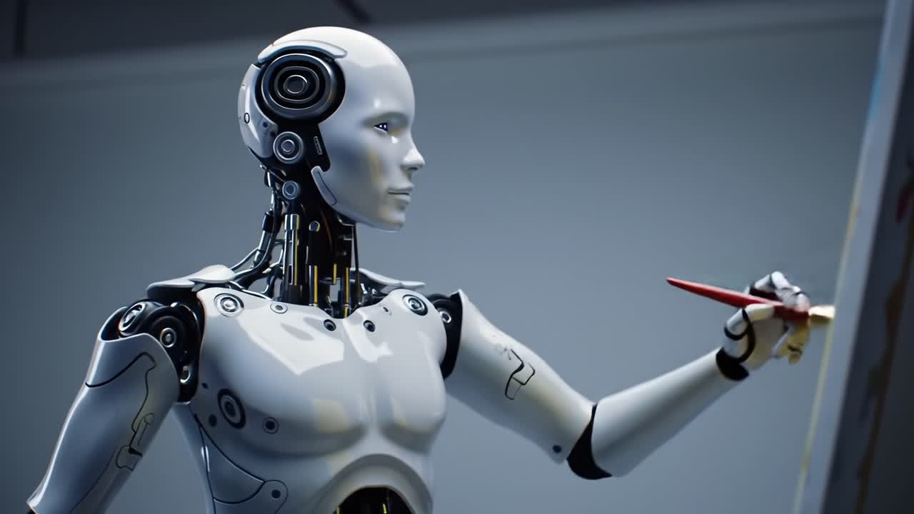 A Futuristic Robot Artist: Captivating Frames Show an Advanced Humanoid Robot Creating Art with Precision and Innovation