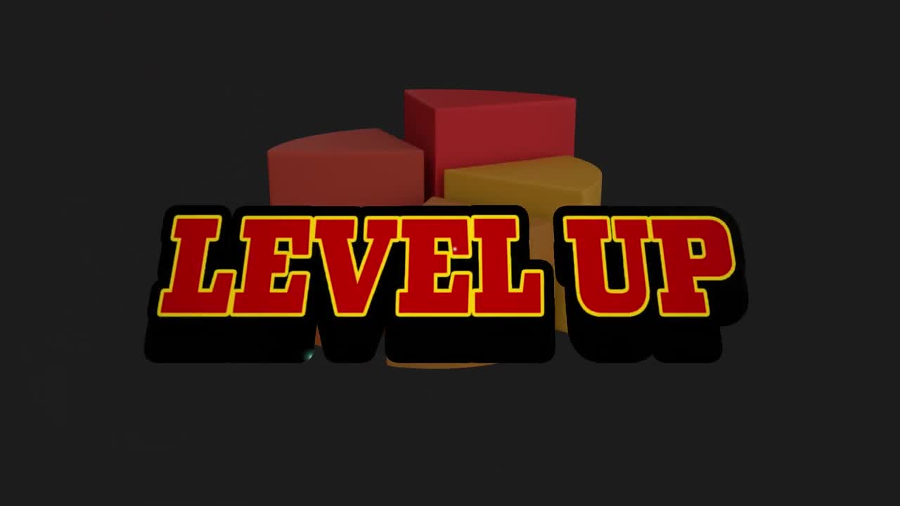 Animation of level up text banner against pie graph against black background
