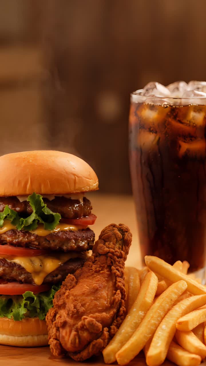 Hamburger 4K Fast Food con pollo fritto croccante e patatine fritte. Sfondo cinematografico.