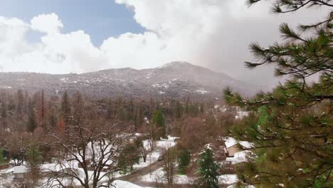 aerial fly through tree tops revealing snow-covered neighborhood and mountain landscape during snowfall