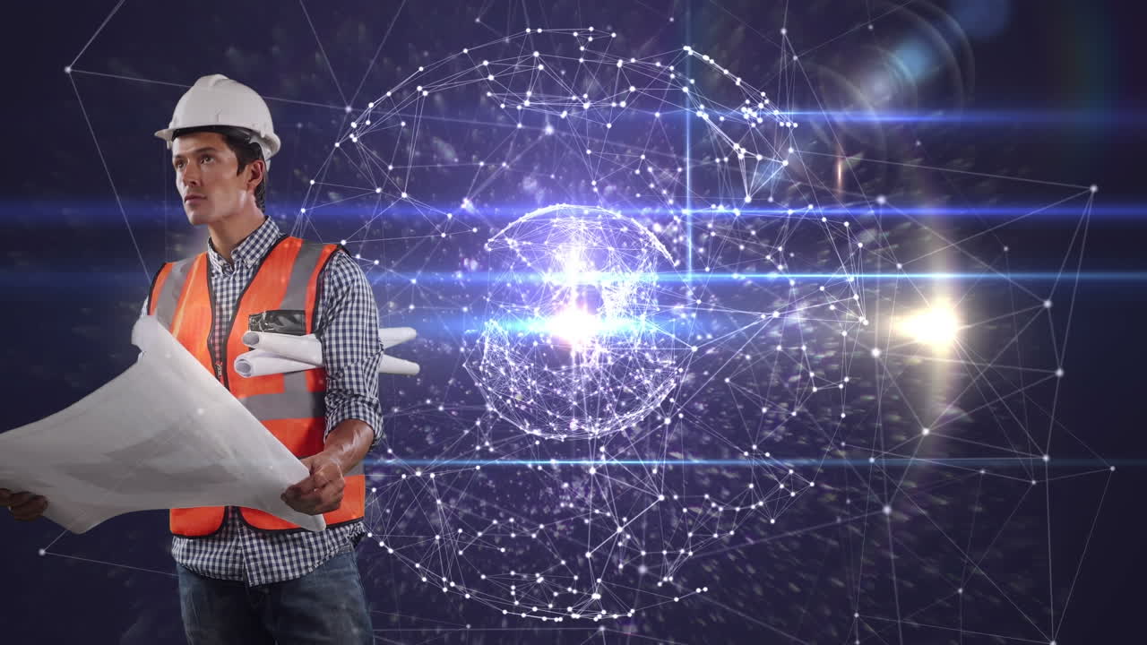 animación de la red de conexiones sobre trabajador masculino caucásico con esquema