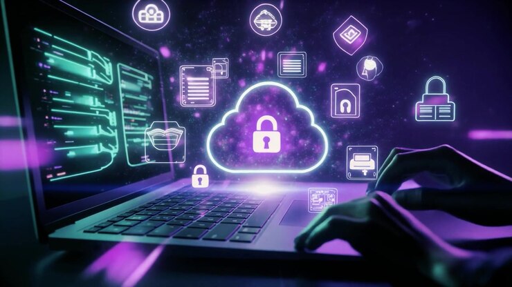 Hacker Typing on Laptop with Cyber Security Cloud Interface