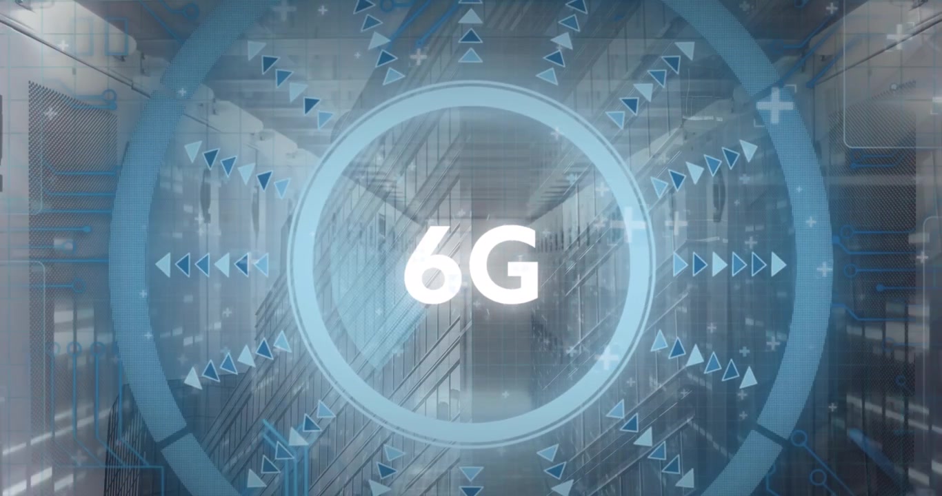 Animation of 6g data processing with hud on digital interface against office building
