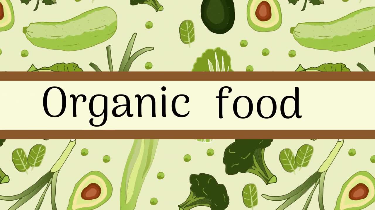 animación del texto de los alimentos orgánicos sobre los íconos de las verduras