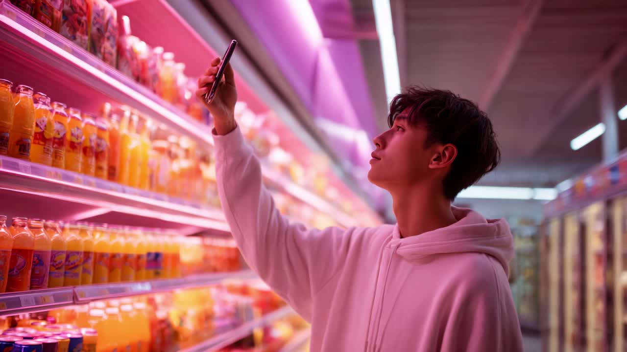 A young individual stands in a brightly lit supermarket aisle, attentively capturing a photo of colorful beverage bottles, showcasing the vibrant hues of orange and pink that illuminate the scene