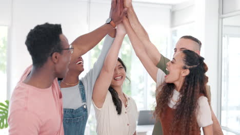 Business-people,-teamwork-and-high-five-in-office