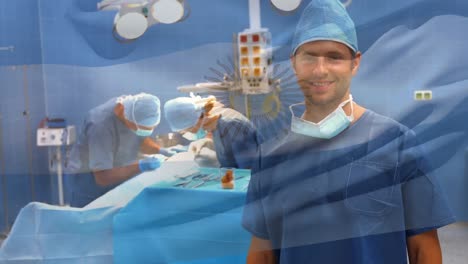 Animation-of-flag-of-uruguay-waving-over-surgeons-in-operating-theatre