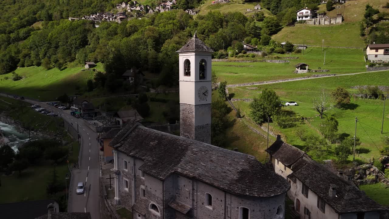 Bell tower of the Church of Avegno Vallemaggia region of Ticino, Switzerland
