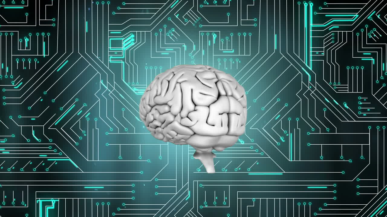 Grey brain rotating on computer circuit board