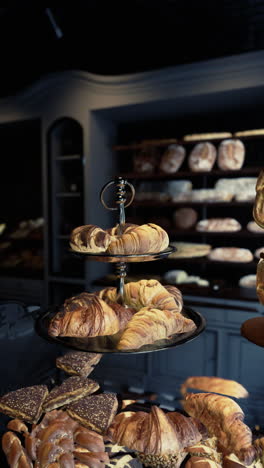 close-up of a bakery display showcasing fresh pastries, including croissants and other breads.