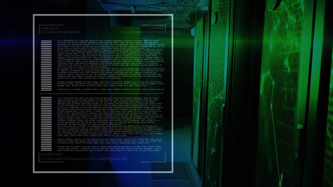 Animation of data processing and network of connections over server room