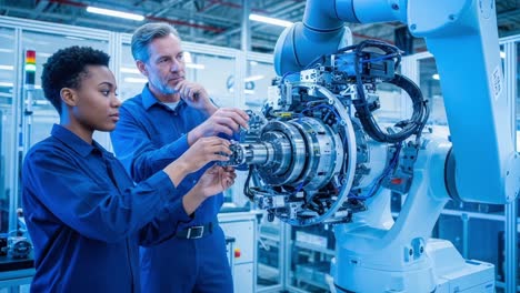 collaboration in robotics: a skilled engineer and technician work together on advanced machinery, showcasing the future of automation and technology integration
