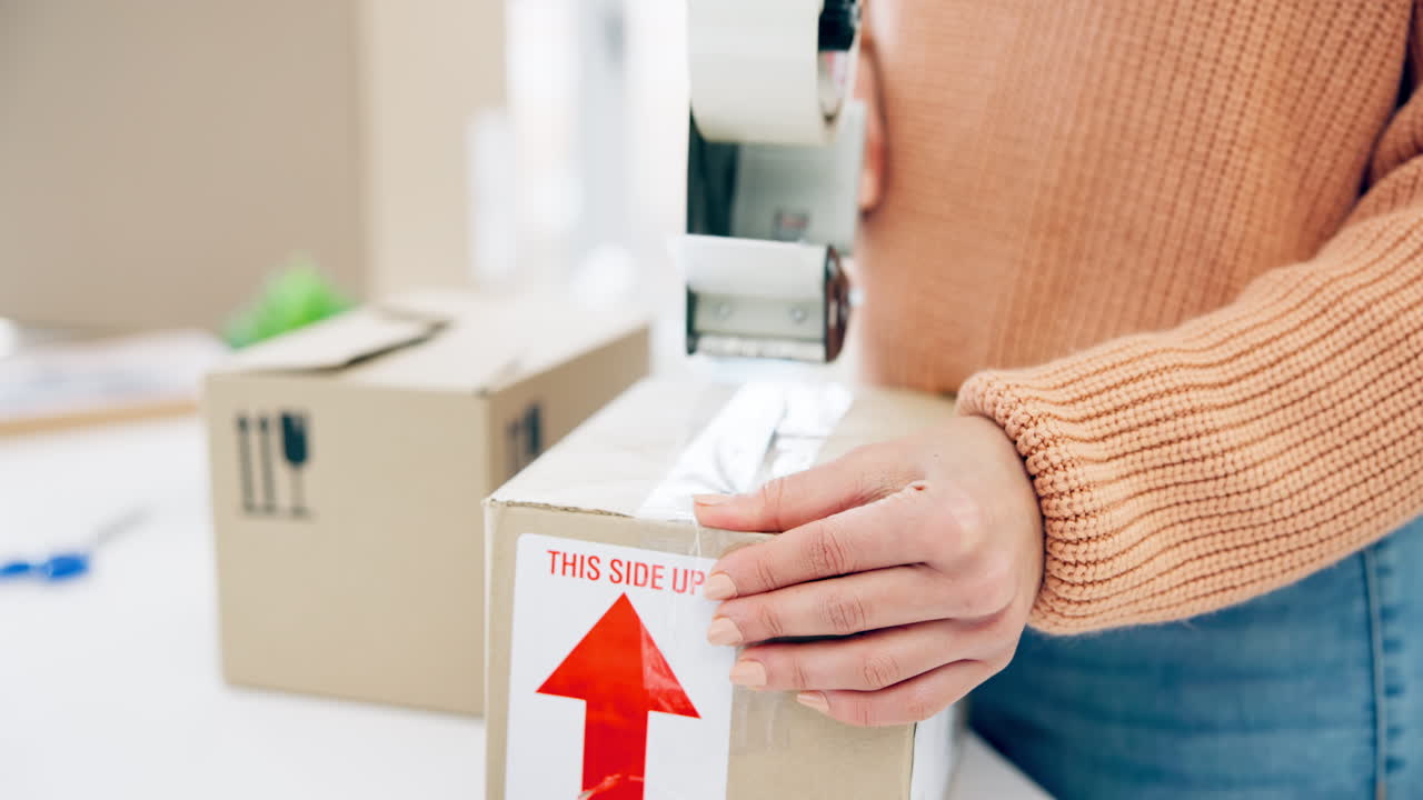 상자, 테이프 및 손, 배달을 위한 패키지