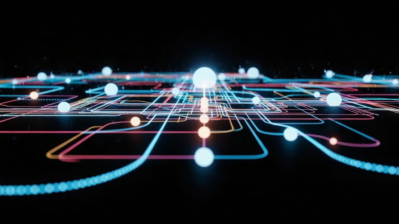 Illuminated Network of Circuits and Nodes, Pulsating Energy in a Digital Realm, Showcasing Modern Technology and Connectivity in a Futuristic Landscape