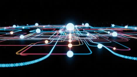 illuminated network of circuits and nodes, pulsating energy in a digital realm, showcasing modern technology and connectivity in a futuristic landscape